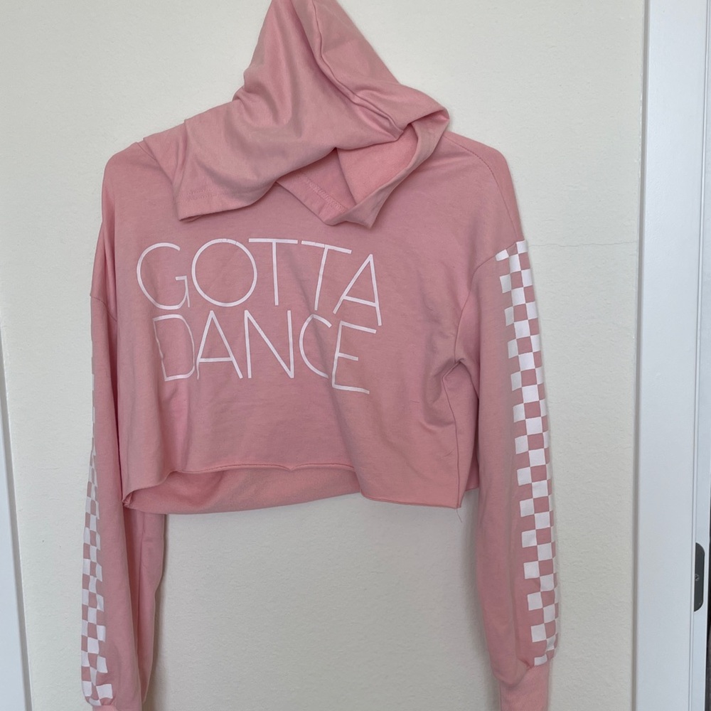 Pink Covet Dance long sleeve crop lightweight hoodie with white trim